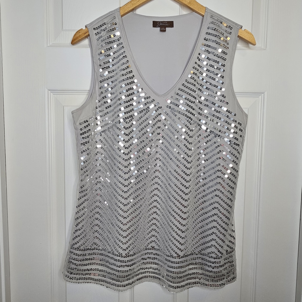Jessica Women's Sleeveless Top Gray Silver Sequin Size L Formal
